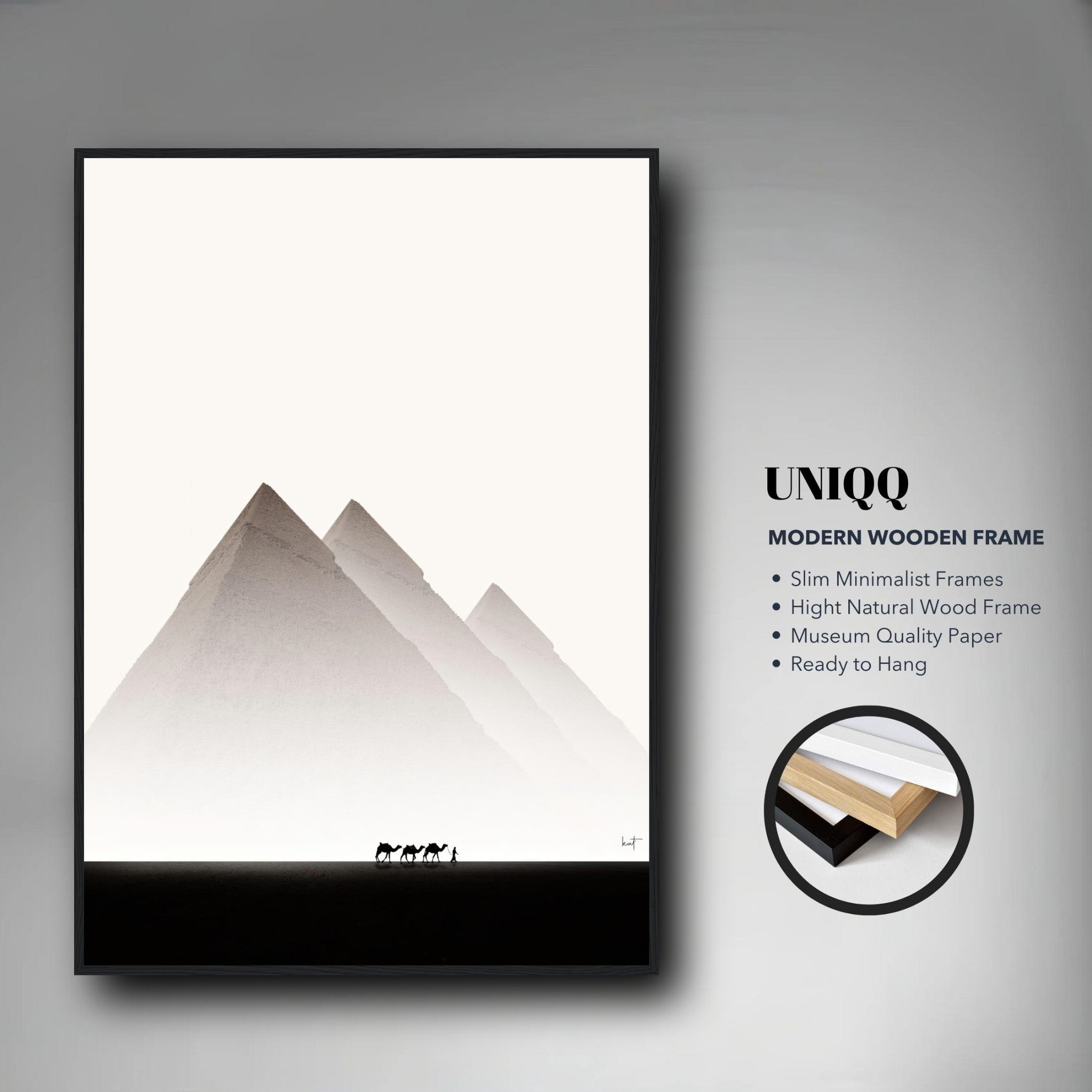 Framed print of the Pyramids of Giza showcasing minimalist design in natural wood, perfect for home decor.