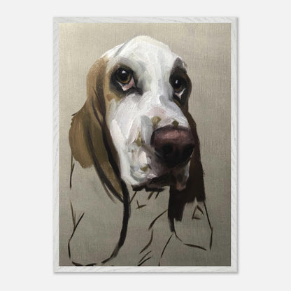 Basset Hound dog painting showcasing soulful expression and fine art detail, perfect for dog lovers and art enthusiasts.