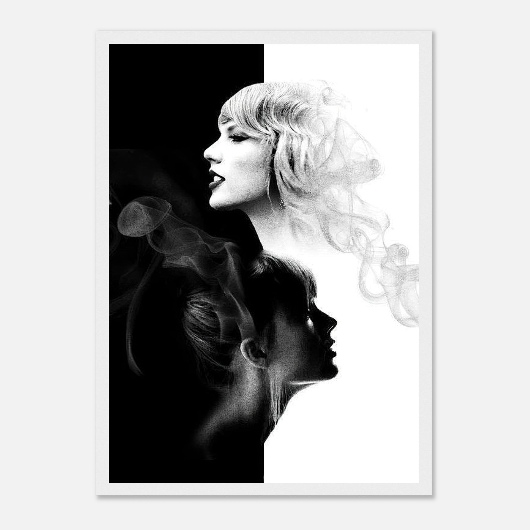 Taylor Swift Black & White framed print featuring dual-portrait design with elegant light and shadow elements.