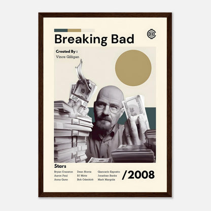 Framed print of Breaking Bad artwork featuring Walter White with money, created by Vince Gilligan, 2008.