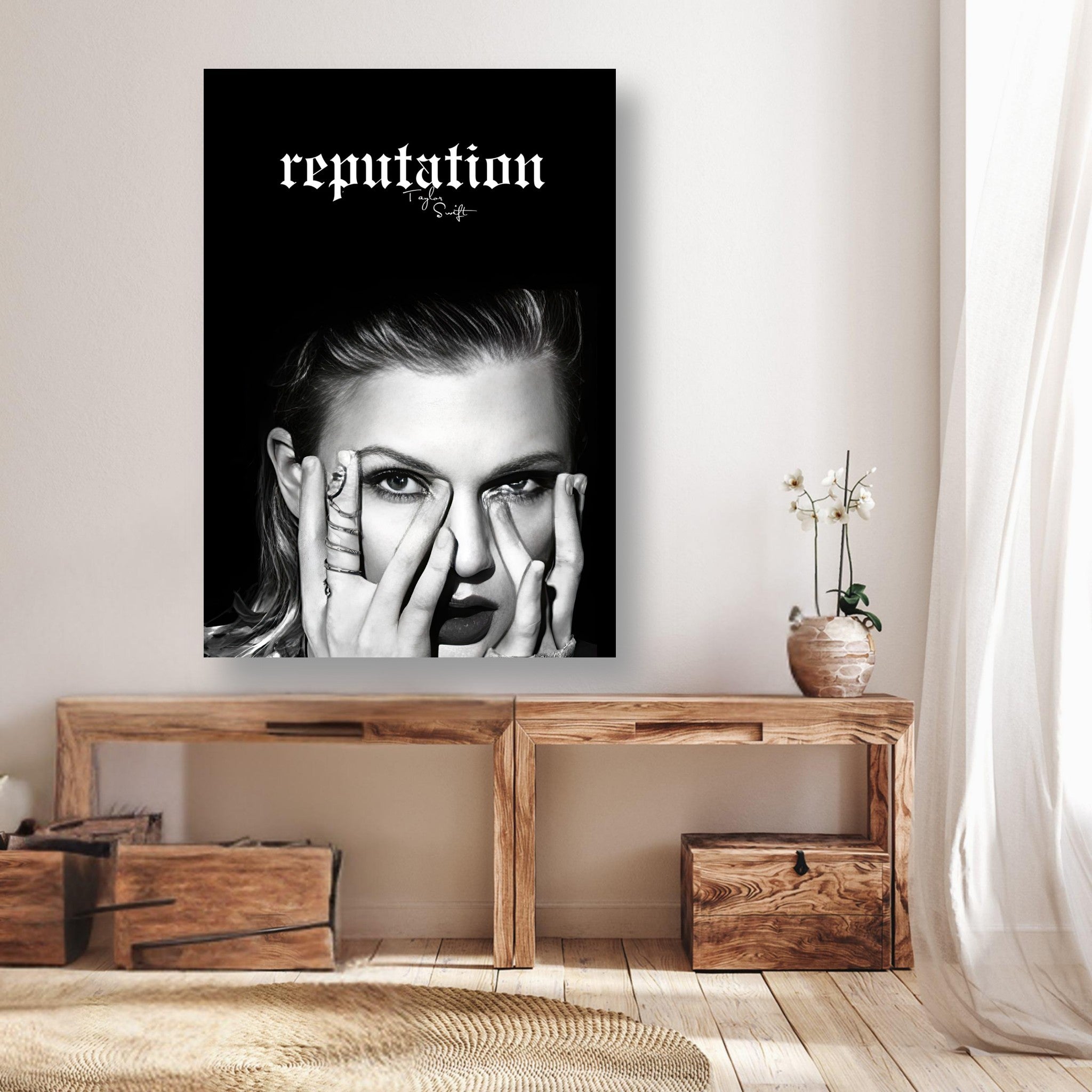 Taylor Swift Reputation Poster in black and white, featuring striking portrait and edgy typography, enhancing modern home decor.