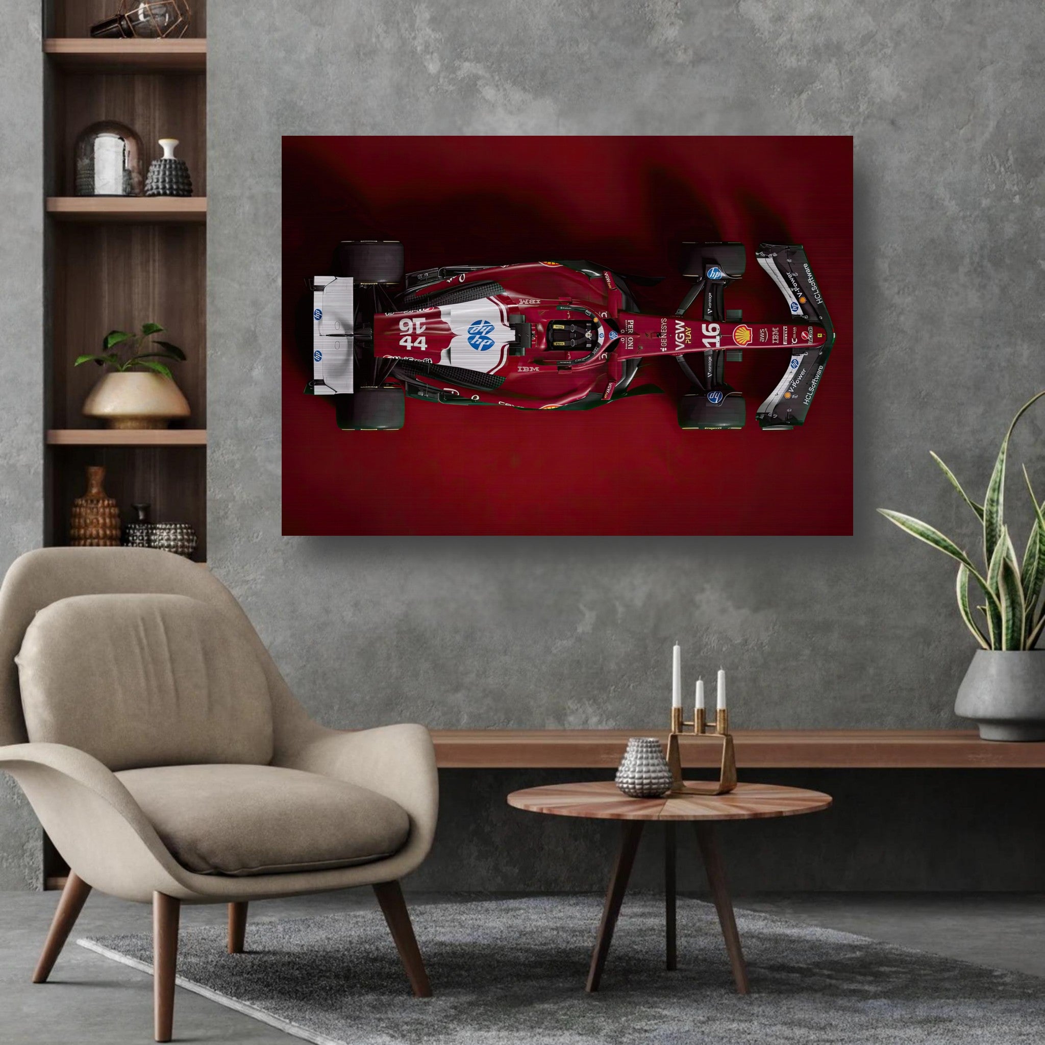 Top view of Ferrari F1 2025 artwork in brushed metal style, showcased in a modern living space.