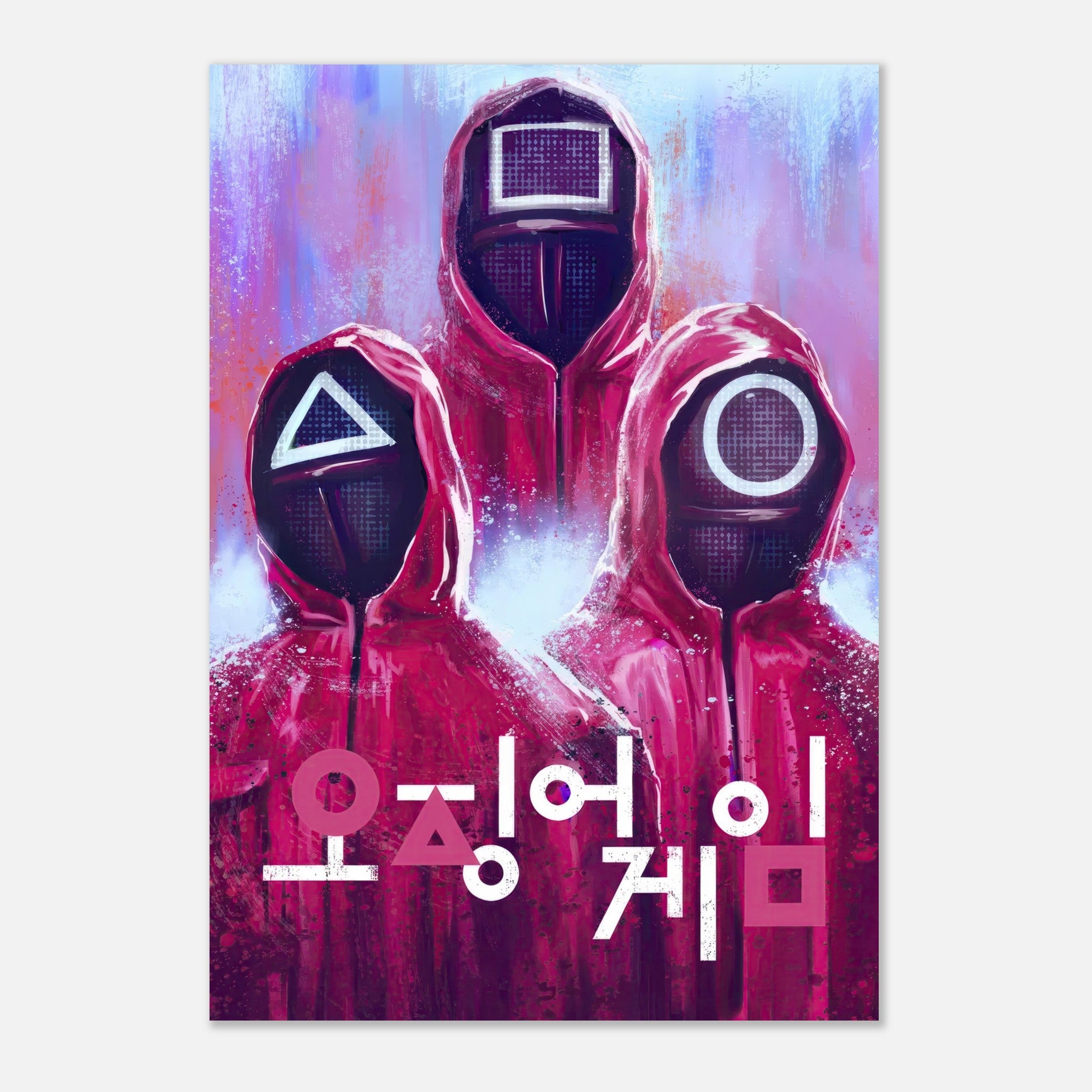 Squid Game metal poster print featuring masked guards in red uniforms with Korean text for a bold wall decor.