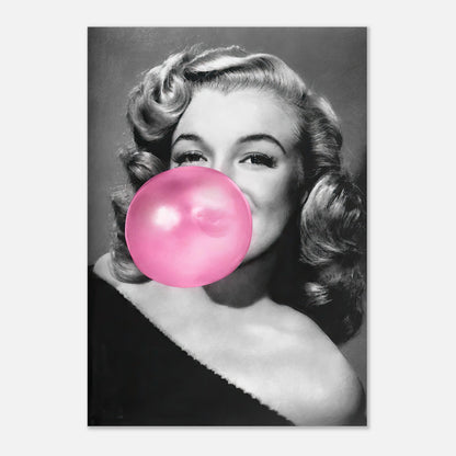 Marilyn Monroe blowing pink bubble gum in a classic black and white photo print. Iconic art piece for vintage decor.