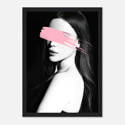 Framed print of a monochromatic portrait with a bold pink brushstroke across the face, enhancing modern decor.