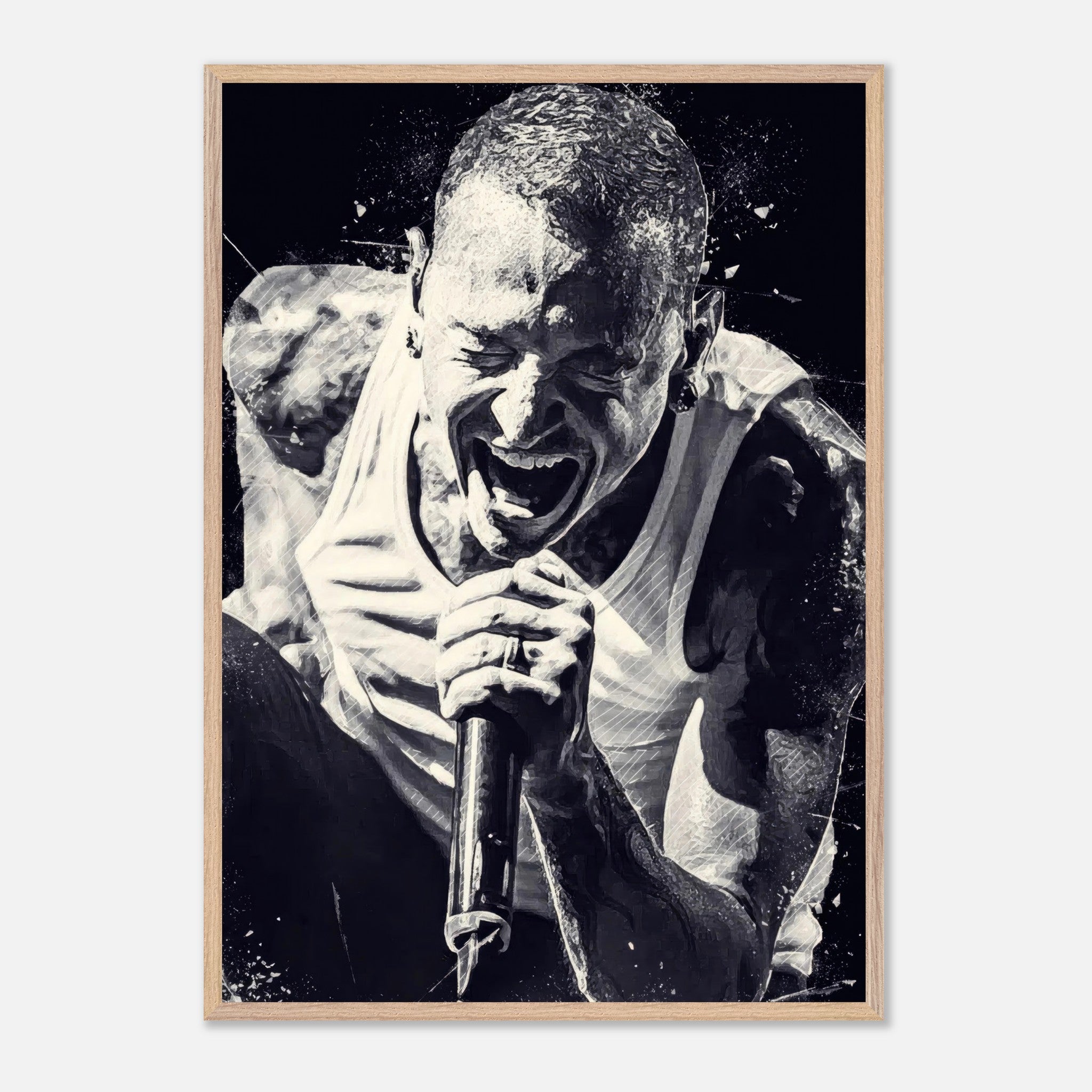 Chester Bennington vintage framed print showcasing intense performance moments of the Linkin Park frontman.