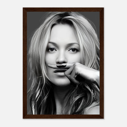 Kate Moss Mustache Framed Print showcasing a playful black-and-white portrait with a whimsical mustache design.