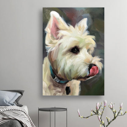 Oil painting of a West Highland White Terrier, showcasing its playful nature and charming expression.