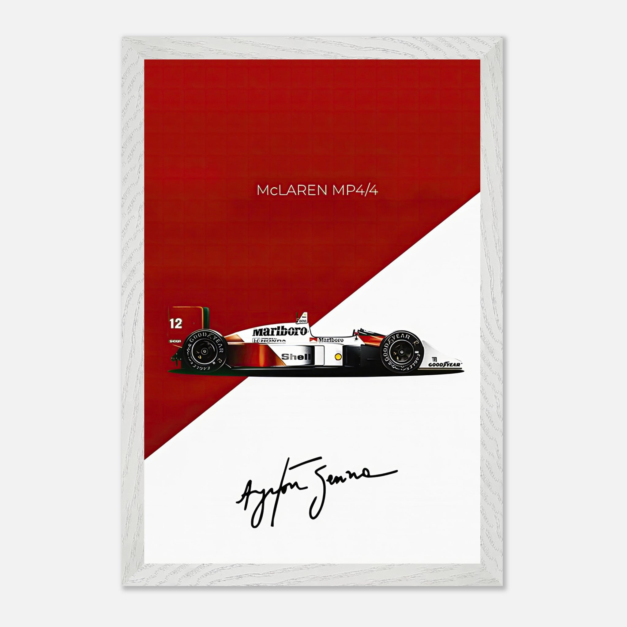 Ayrton Senna McLaren MP4/4 vintage framed print with red background and signature, showcasing iconic Formula 1 car.