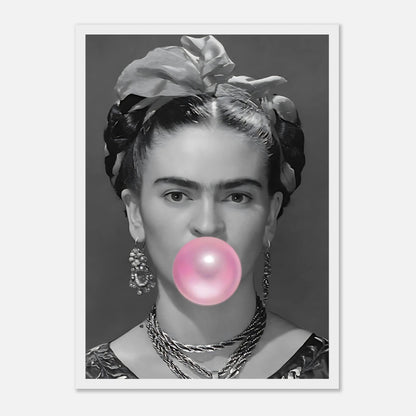 Frida Kahlo Bubble Gum framed print featuring a black and white portrait with a vibrant pink bubble gum.