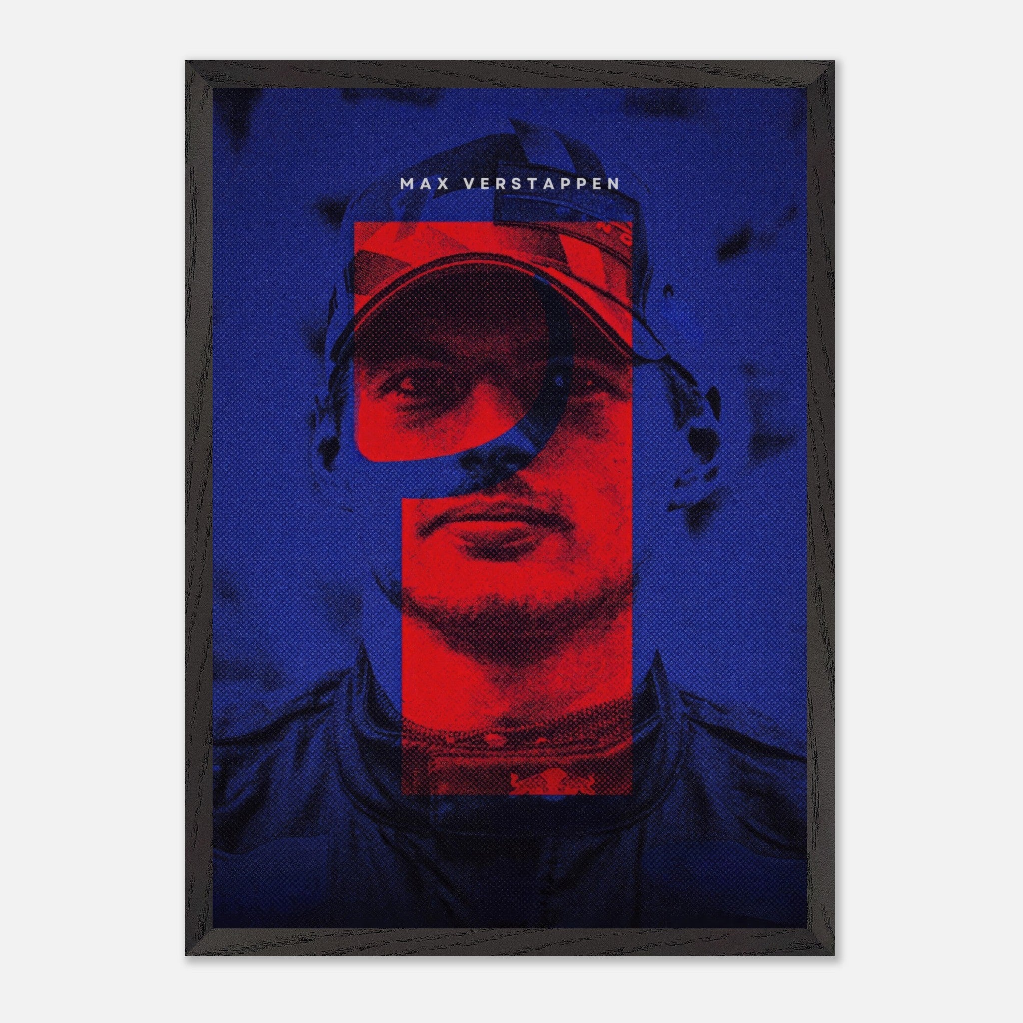 Max Verstappen fine art print featuring vibrant colors and iconic design in a sleek black frame. Perfect for Formula 1 fans.