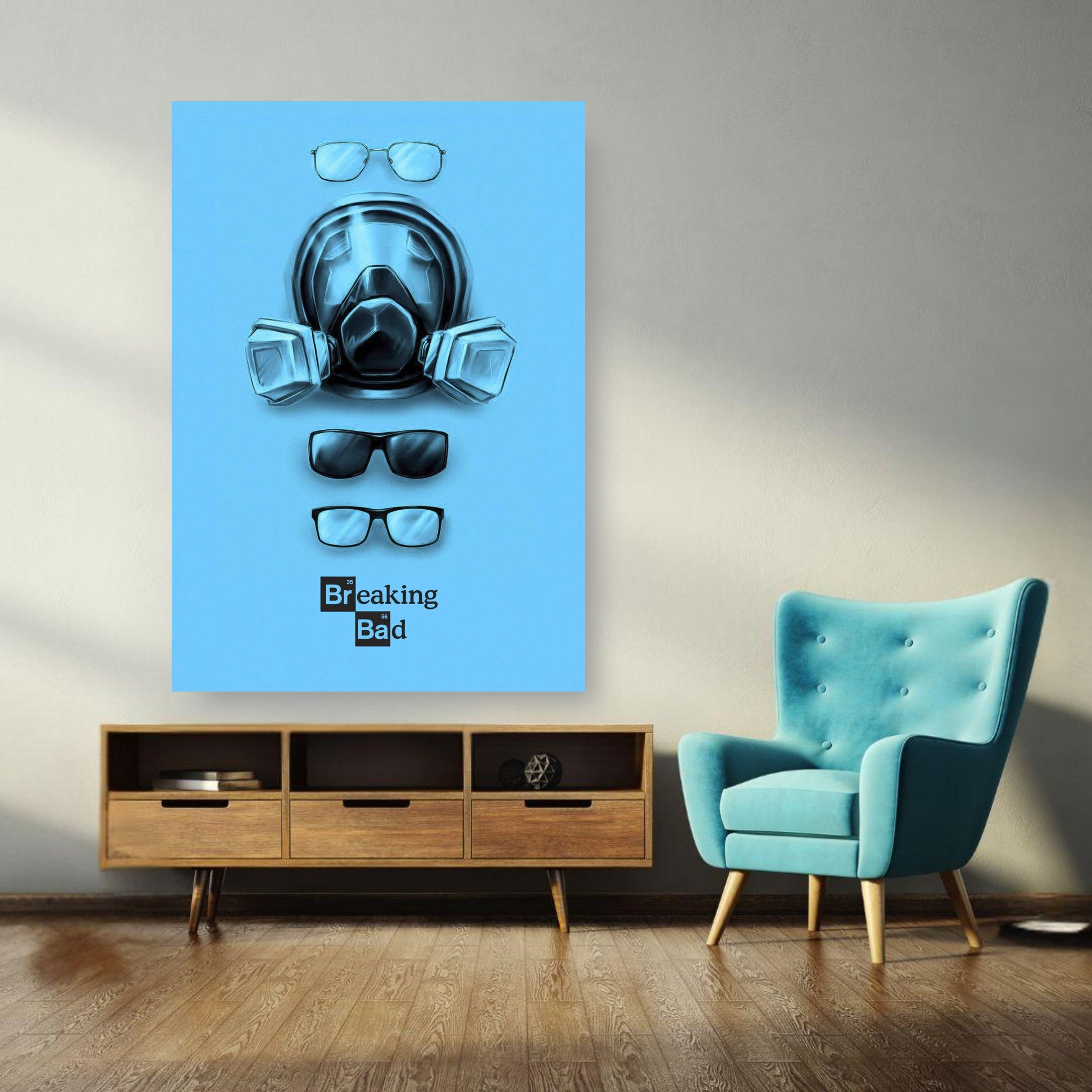 Minimalist Breaking Bad metal poster featuring gas mask and glasses on blue background, perfect for fans.