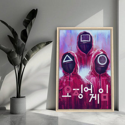 Framed canvas print of Squid Game masked guards in red uniforms with geometric symbols, adding vibrant decor to any space.