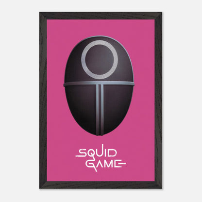 Squid Game Guard Mask fine art print with pink background and iconic design, perfect for fans and collectors.