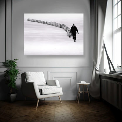 The Shepherd’s Trail Brushed Metal artwork featuring a shepherd with his flock in a serene snow-covered landscape.