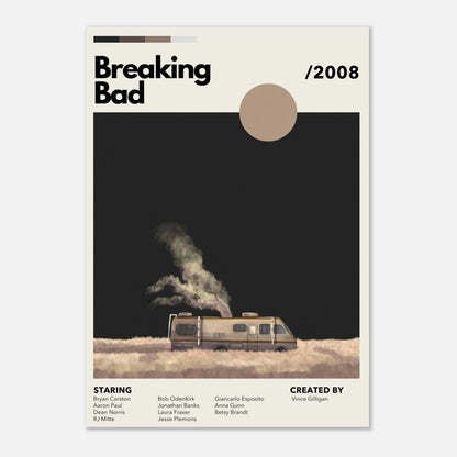 Vintage Breaking Bad poster featuring iconic RV in a desolate desert landscape, created by Vince Gilligan, 2008.