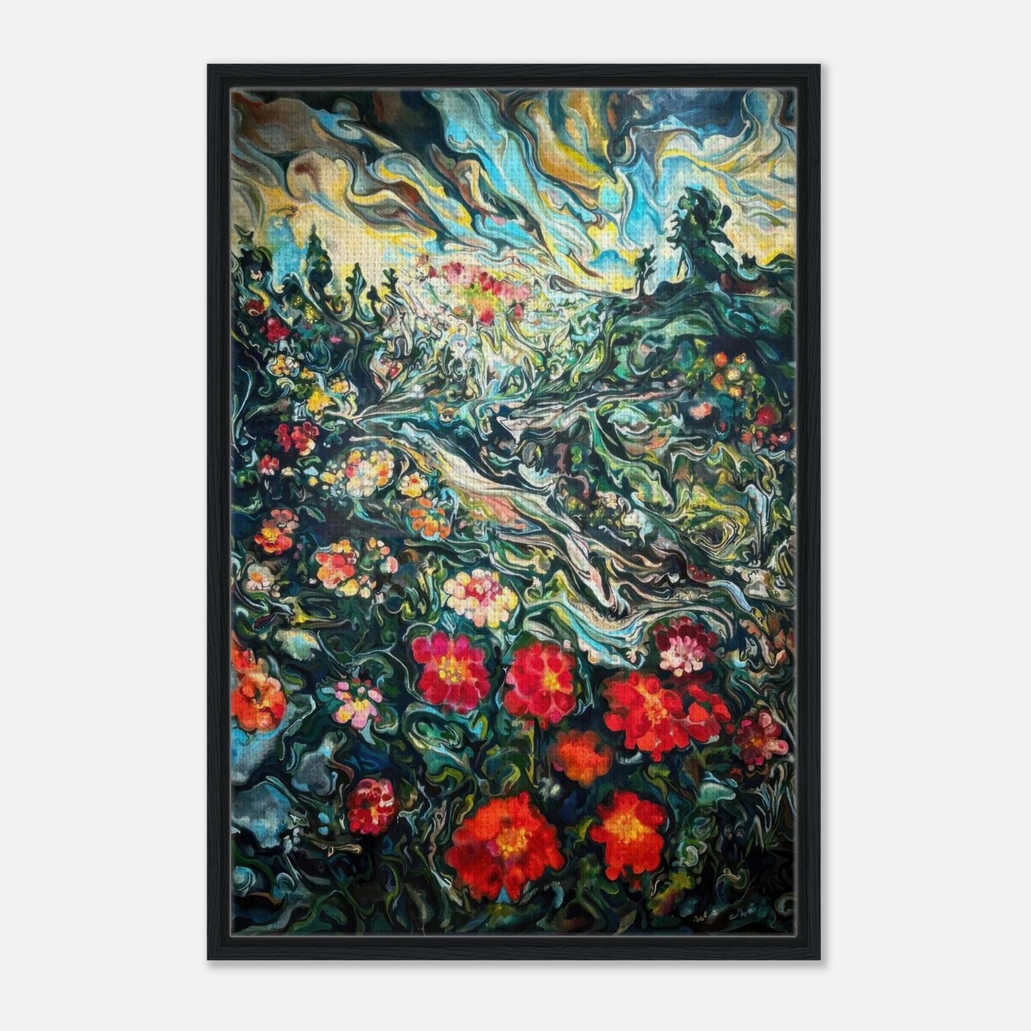 Abstract floral landscape painting with vibrant colors and swirling patterns in a framed canvas print.