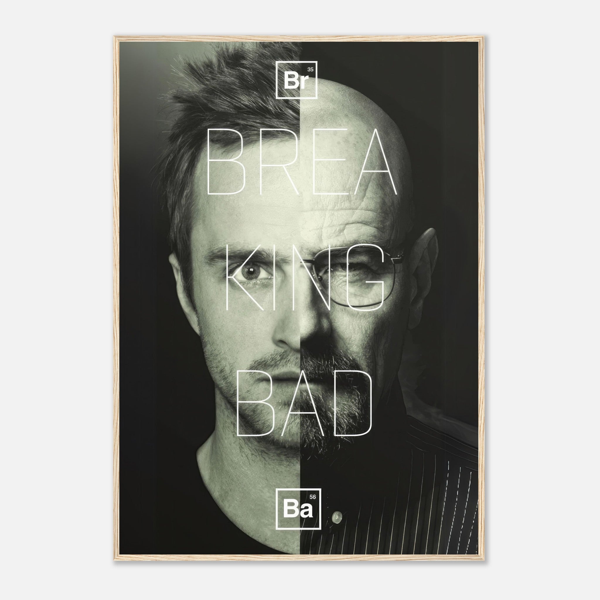 Jesse x Walter Breaking Bad framed print featuring split-face artwork of iconic duo, perfect for fans and collectors.