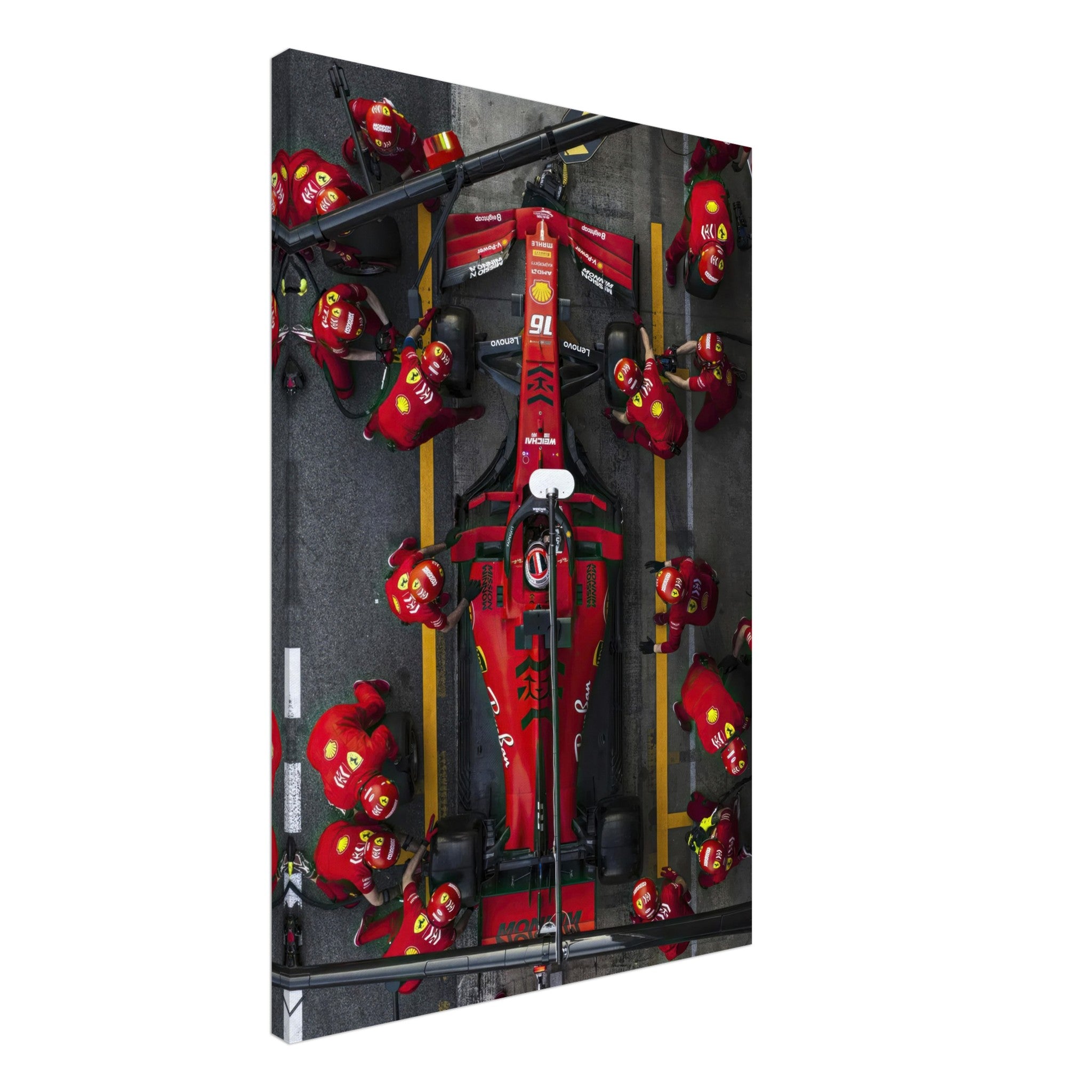 Ferrari pitstop artwork on canvas, showcasing dynamic formula 1 action with vibrant colors and lifelike details.