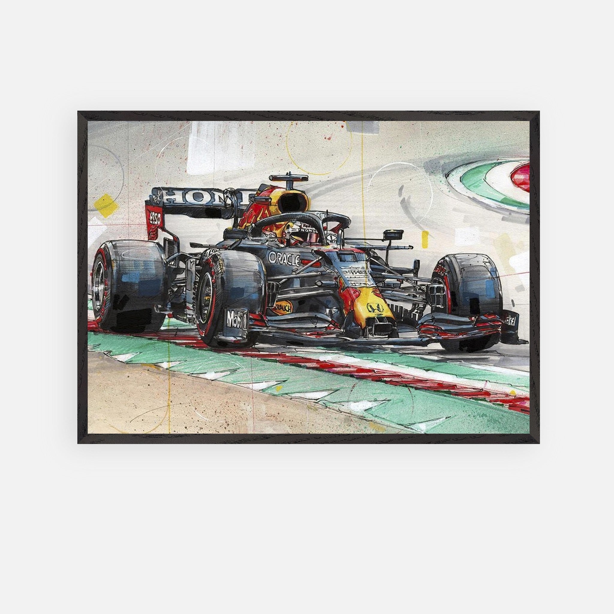 Max Verstappen framed fine art print showcasing his Red Bull racing car on the track with vibrant colors and dynamic design.