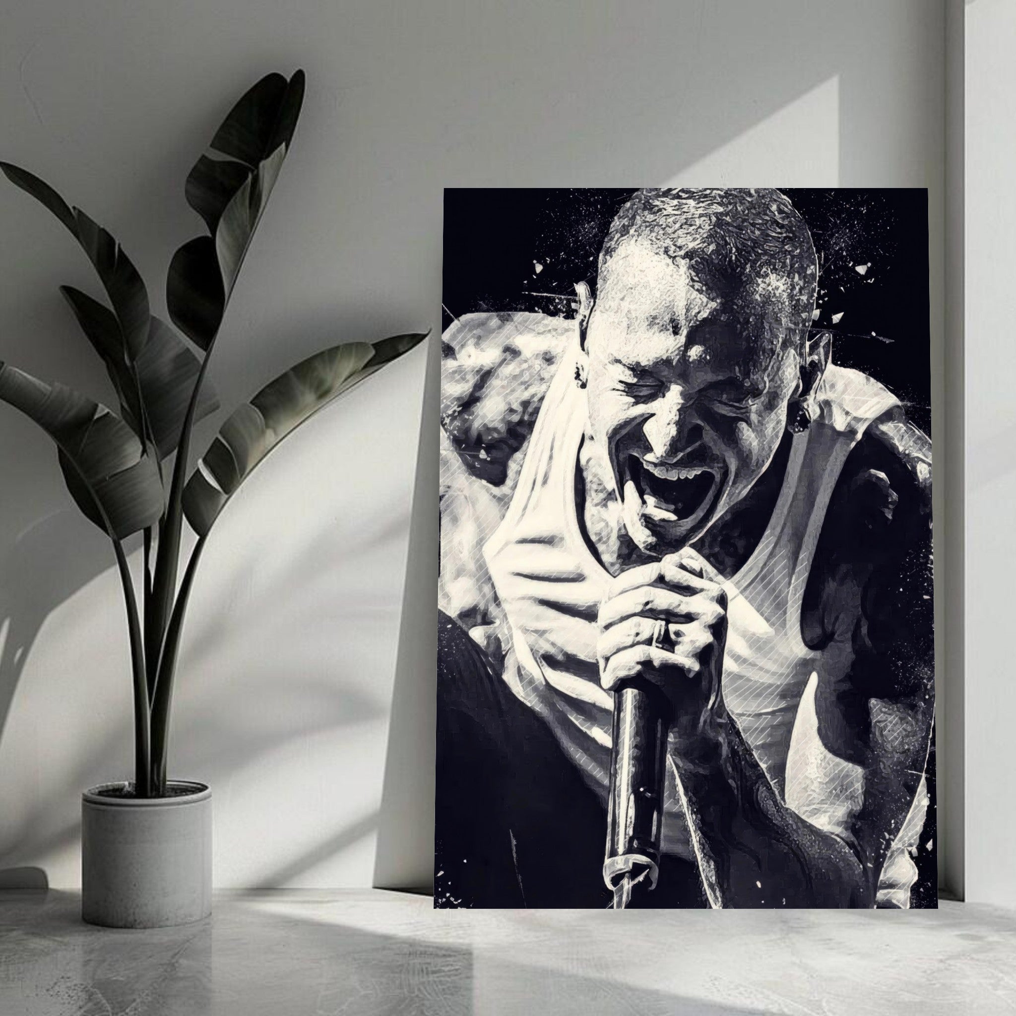 Chester Bennington metal print featuring a powerful black-and-white portrait of the Linkin Park frontman.