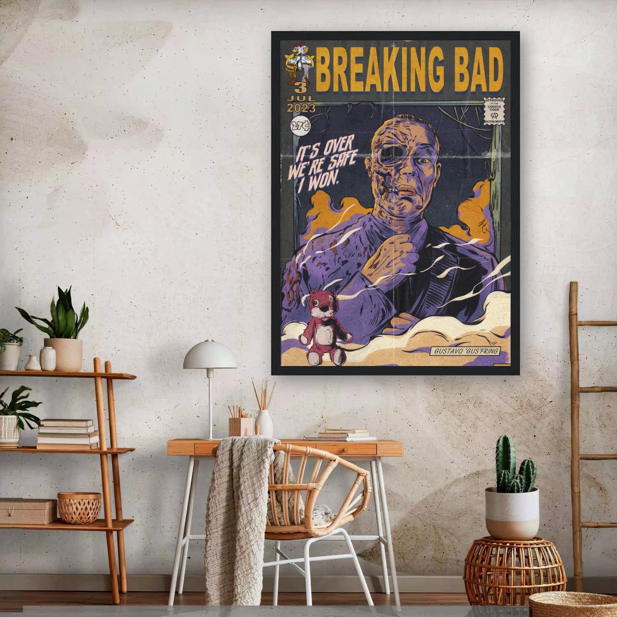 Vintage comic-style Gustavo Fring framed poster from Breaking Bad, featuring bold colors and retro aesthetic.