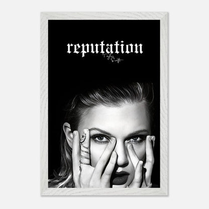 Taylor Swift Reputation vintage framed print with monochrome portrait and bold logo, perfect for fans of her iconic album.