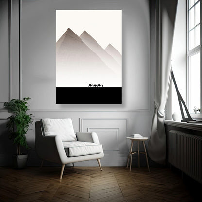 Pyramids of Giza metal print displayed in modern room with minimalist decor and natural light.