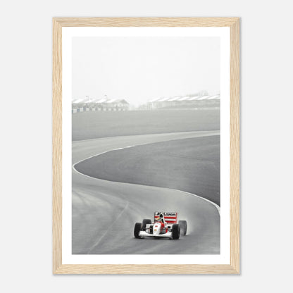 1988 Ayrton Senna McLaren framed print showcasing iconic racing moment on track in black and white, perfect for motorsport fans.