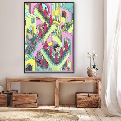 Squid Game Stairs fine art print displayed in a stylish room, showcasing intricate design and vibrant colors.