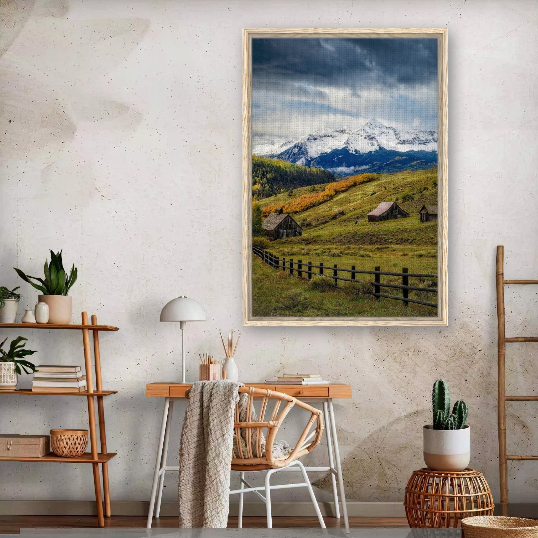 Framed canvas print of Telluride, Colorado showcasing mountains and a serene valley with rustic barns.