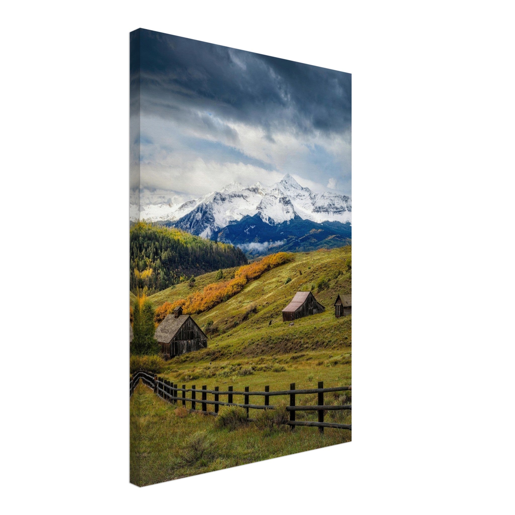 Telluride, Colorado canvas artwork featuring rustic cabins and snow-dusted peaks amidst autumn foliage.