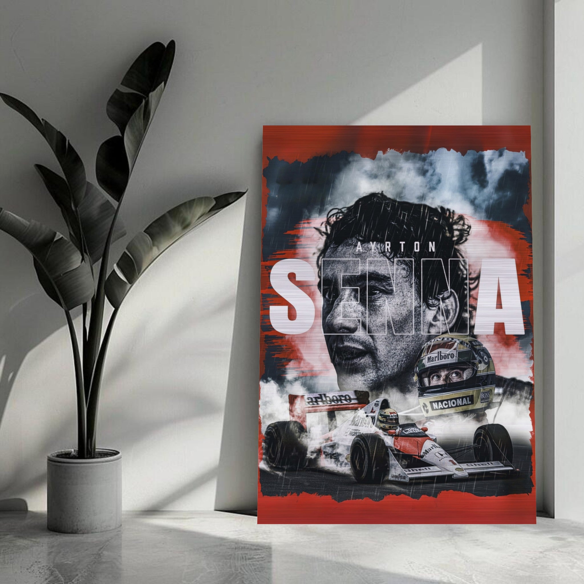 Ayrton Senna brushed metal poster, showcasing F1 legend with dramatic racing scene and vibrant colors, perfect for fans.