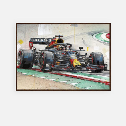 Max Verstappen framed print featuring a detailed illustration of his Red Bull Racing F1 car on track.