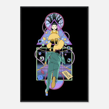 Doll Squid Game framed print featuring the iconic doll and a player in an intense moment from the series.