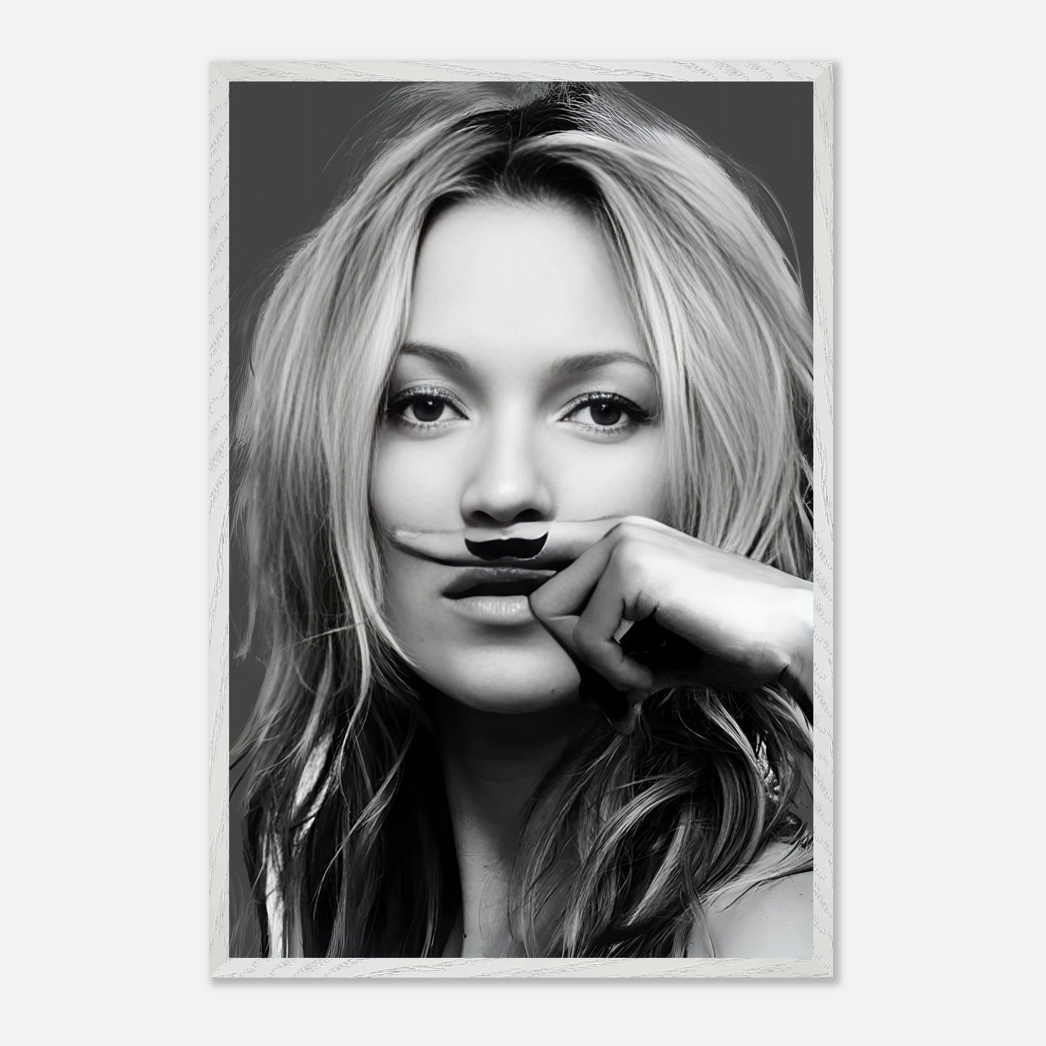 Kate Moss vintage framed print featuring playful mustache in black and white, perfect for adding sass to your decor.