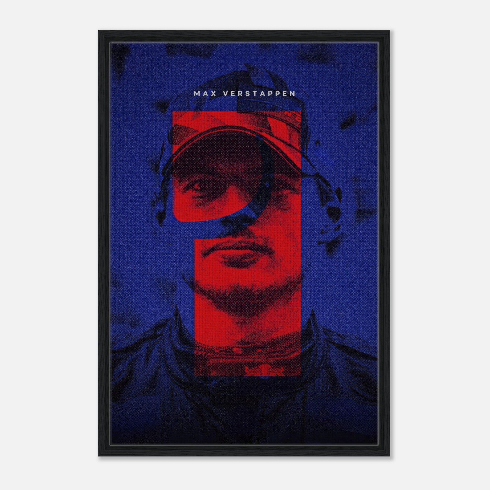 Max Verstappen framed canvas print featuring bold colors and dynamic F1 design, showcasing his racing prowess.