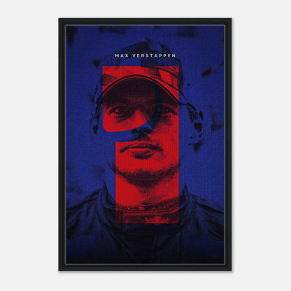 Max Verstappen framed canvas print featuring bold colors and dynamic F1 design, showcasing his racing prowess.