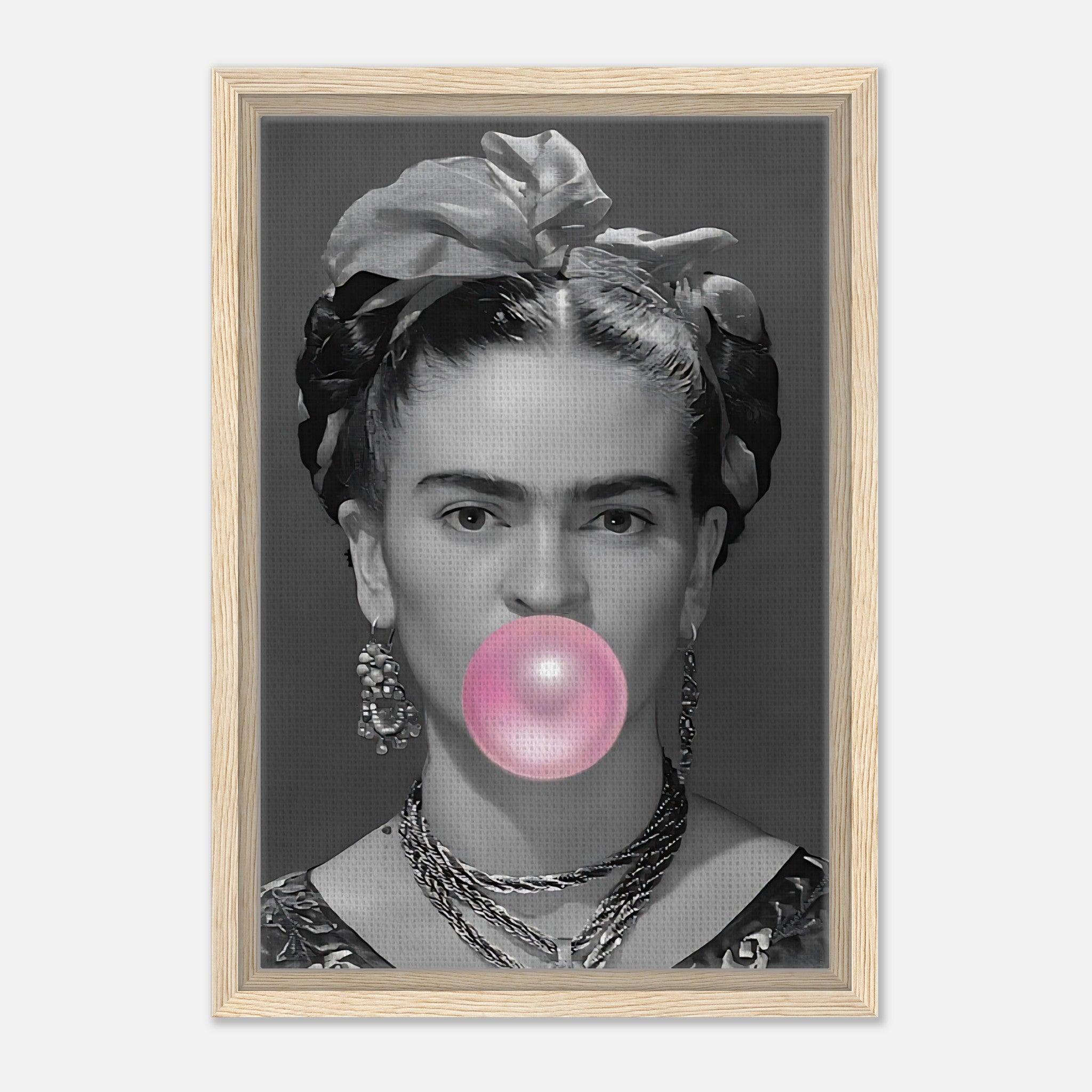 Frida Kahlo Bubble Gum framed canvas print in grayscale with a pink bubble, showcasing vintage and modern art fusion.