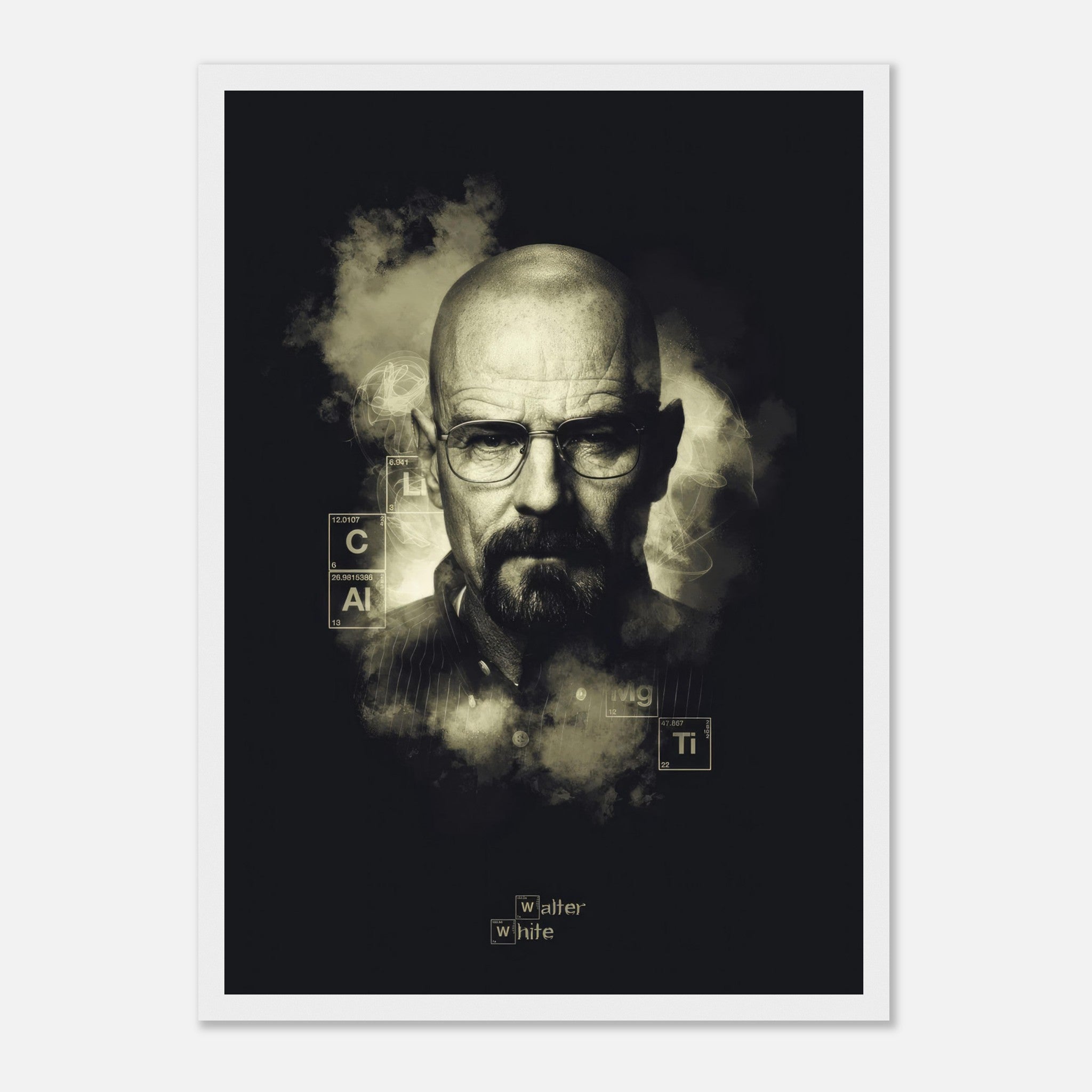 Walter White Heisenberg framed poster with smoky background and periodic table elements showcasing iconic character.