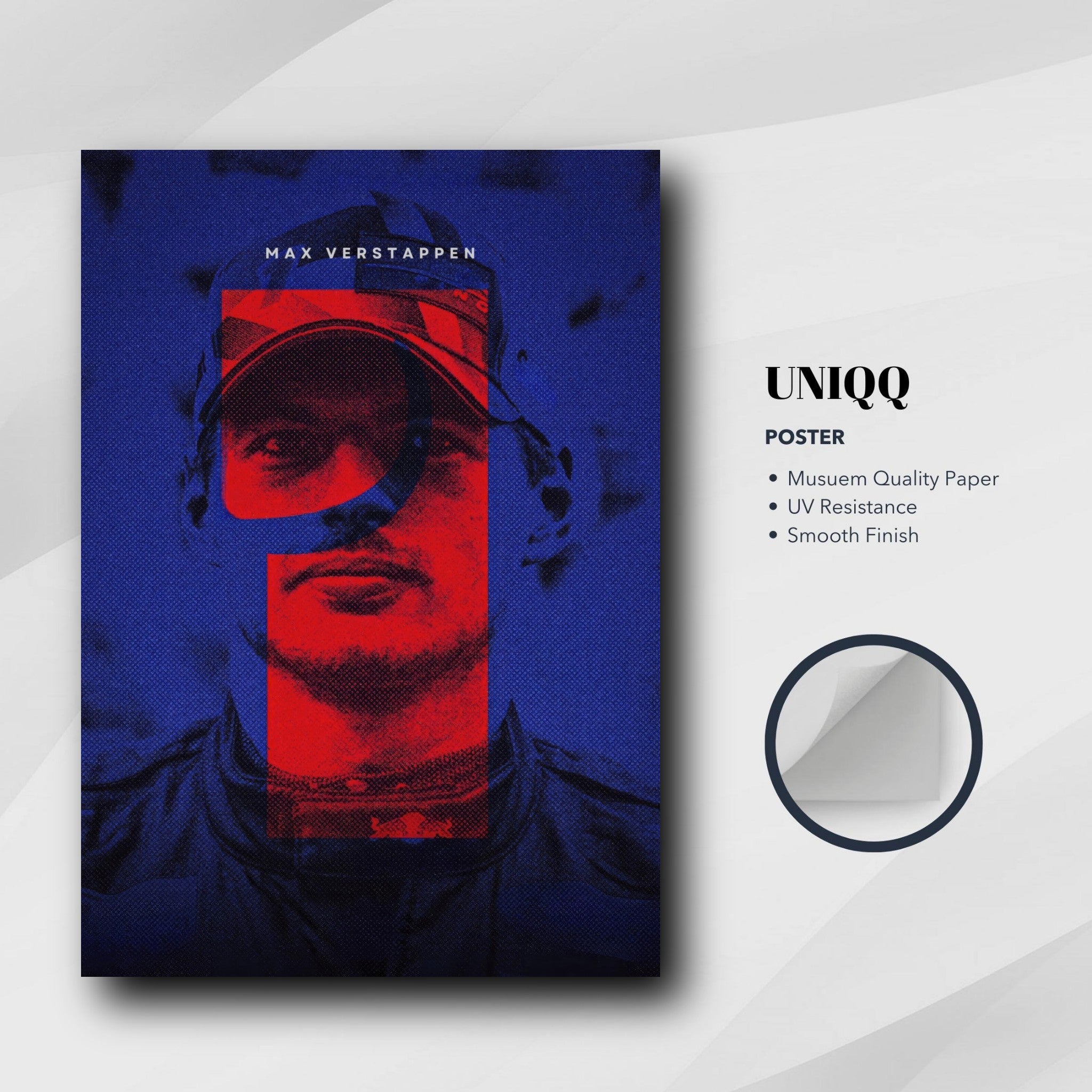 Max Verstappen vibrant F1 poster, high-quality paper, UV resistant, ideal for framing or display, motorsport decor.