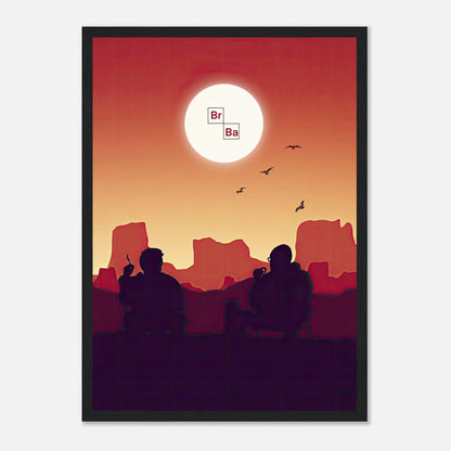 Sunset Breaking Bad framed poster featuring Walt and Jesse silhouetted against a fiery sunset backdrop.