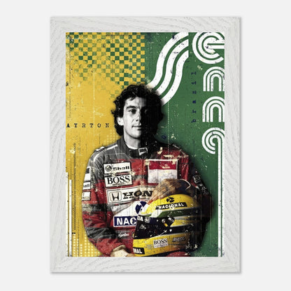 Vintage framed print of Ayrton Senna, featuring colorful retro design and iconic F1 helmet, celebrating the racing legend.