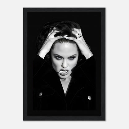 Angelina Jolie Smoking Framed Print showcasing bold glamour in striking black-and-white photography.