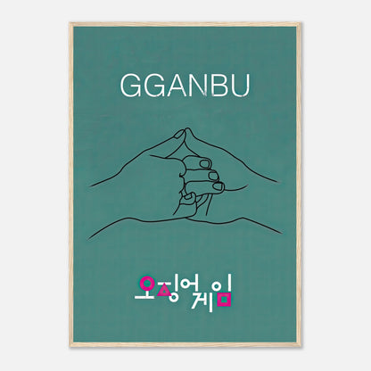 GGANBU Squid Game framed print featuring minimalist art of a handshake on a teal background.