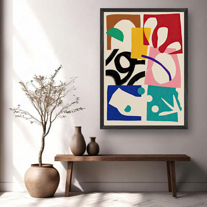 Museum-quality fine art print 'The Abstract Harmony' displayed in a modern living space, featuring vibrant colors and dynamic shapes.