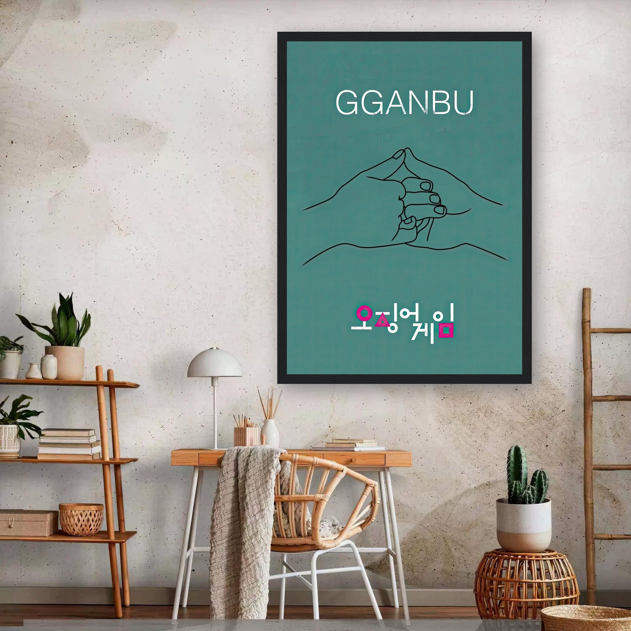 GGANBU Squid Game framed print on teal background showcasing the iconic handshake in a stylish living room setting.