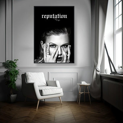 Taylor Swift Reputation framed print featuring bold black-and-white imagery in a stylish room setting.