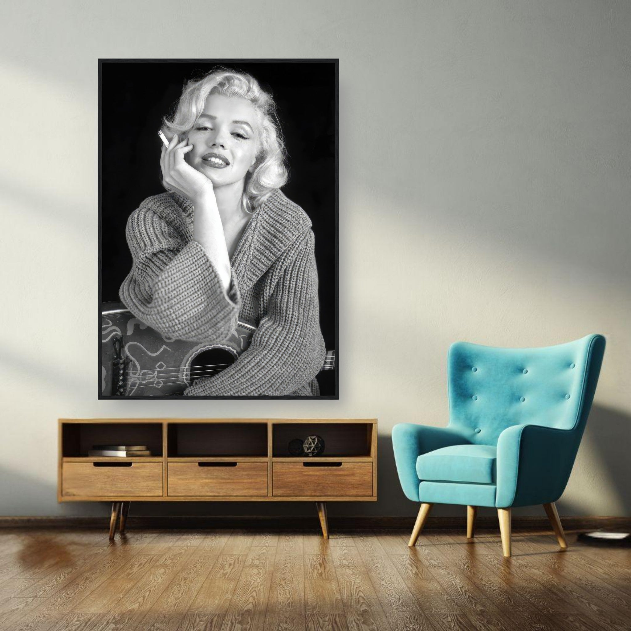 Marilyn Monroe smoking in stylish knitwear, framed poster enhancing modern living room decor.