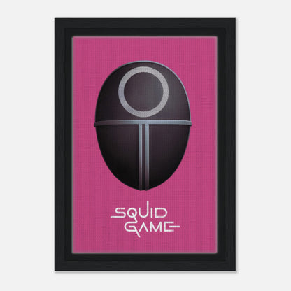 Squid Game Guard Mask framed canvas print on a bold magenta background, capturing the show's iconic design and essence.